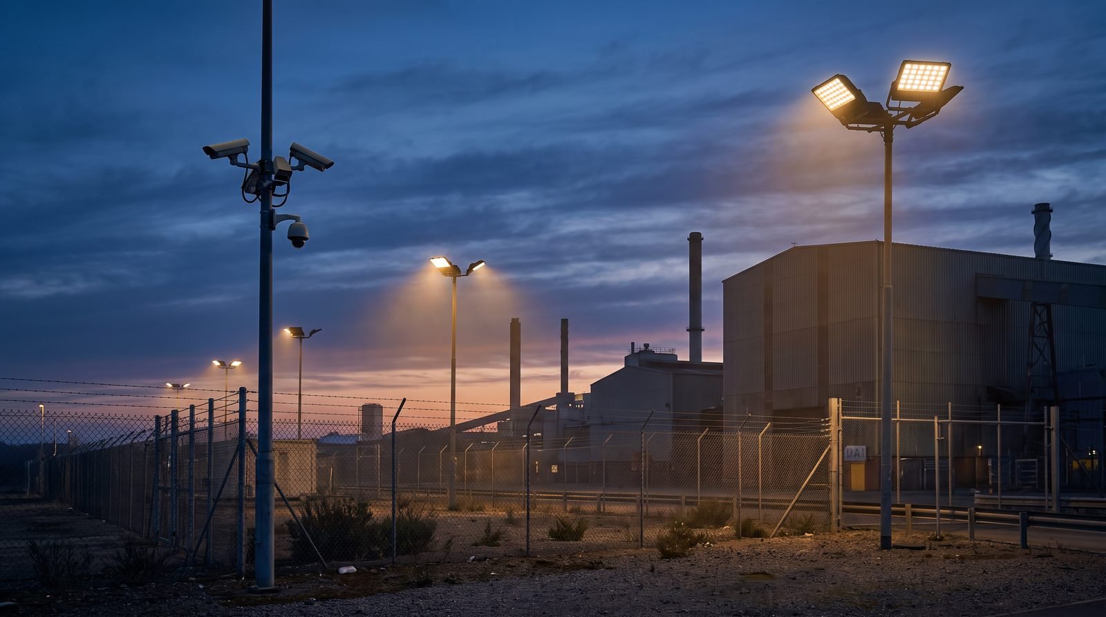 Perímetro industrial com câmeras ao entardecer